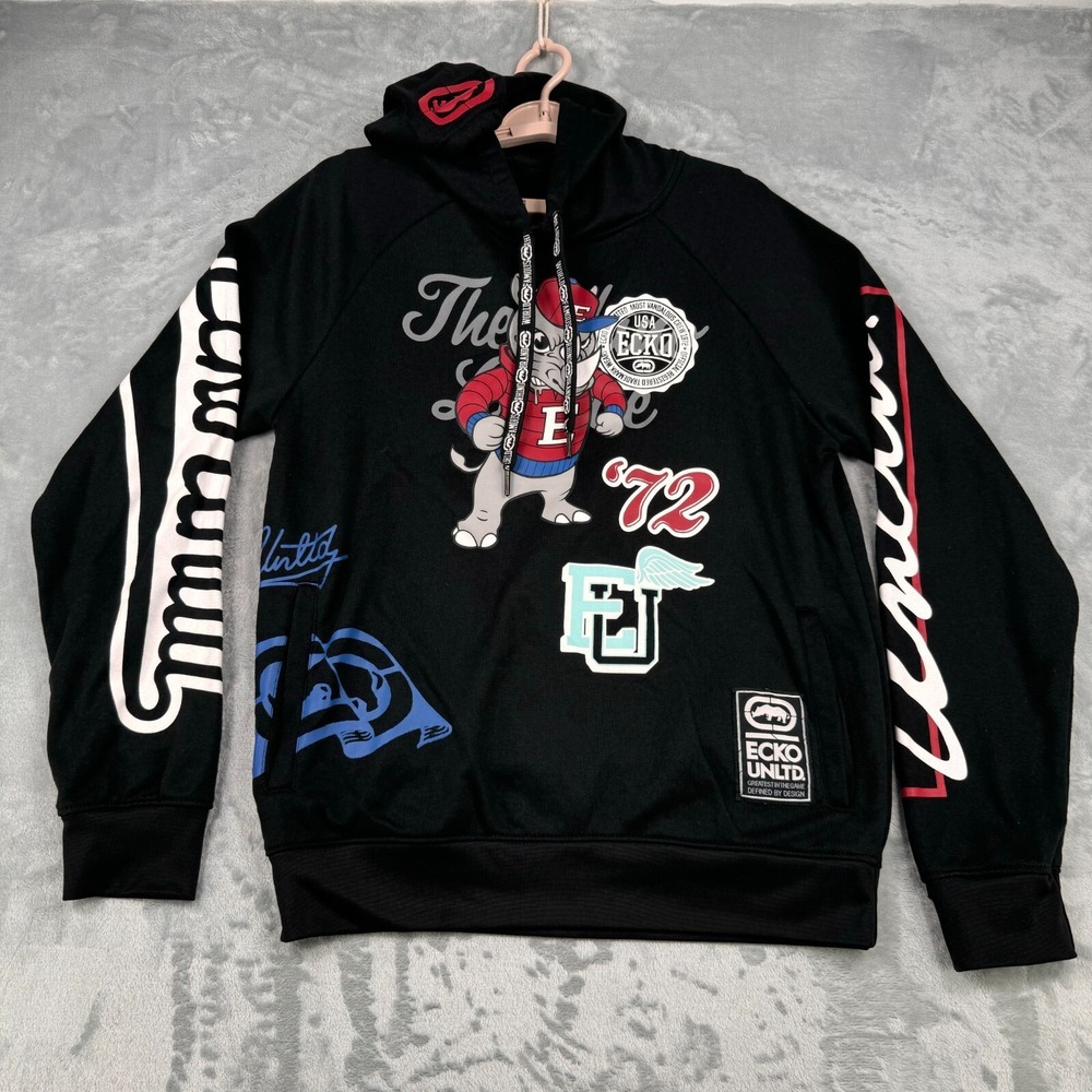 Ecko Unltd Hoodie Men Small Black Rhino Graphic Pullover Sweatshirt '72 Street